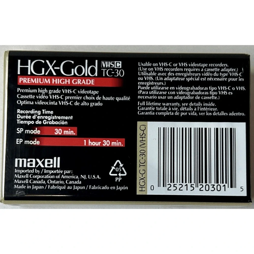 Maxell VHS-C TC-30 HGX-Gold Camcorder Blank Tape Premium High Grade New Sealed
